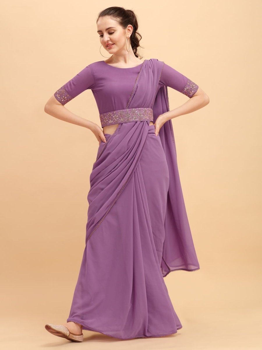 Buy Lilac Solid Saree with Embellished Belt - .