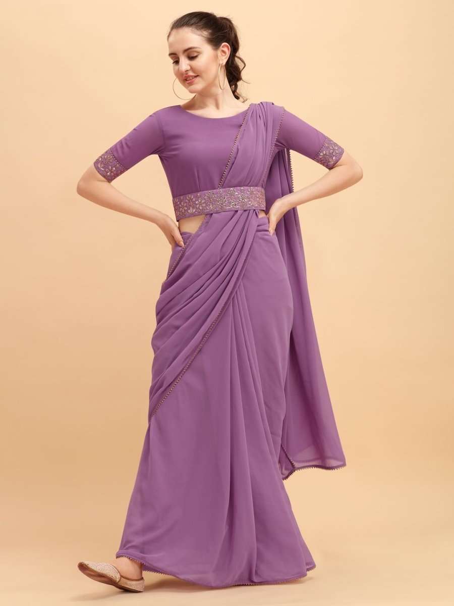 Lilac Solid Saree with Embellished Belt - inddus-us