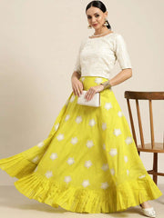 Lime Green & White Embroidered Thread Work Ready to Wear Lehenga & Choli - Inddus.com