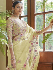 Lime Yellow Organza Embroidered Saree - inddus-us