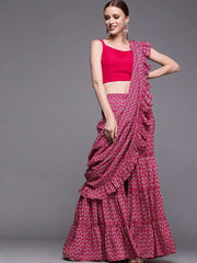 Magenta & Beige Silk Blend Printed Ruffled Sharara Saree - inddus-us