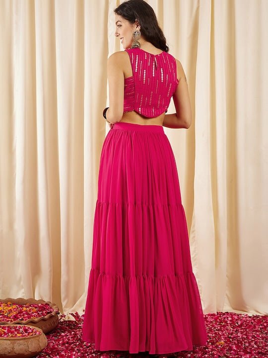 Magenta Embellished Sleeveless Crop Top With Skirts - Inddus.com