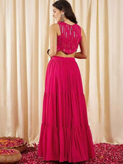 Magenta Embellished Sleeveless Crop Top With Skirts - Inddus.com