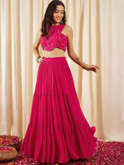 Magenta Embellished Sleeveless Crop Top With Skirts - Inddus.com