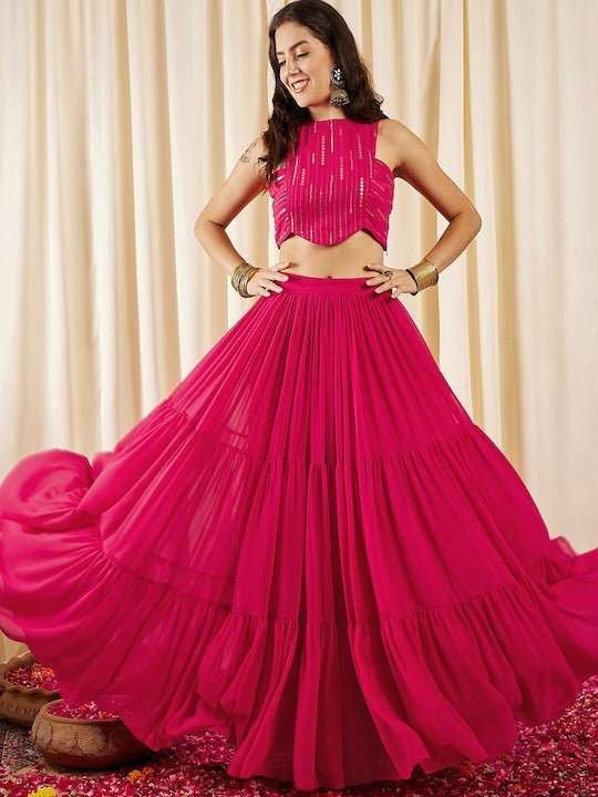Magenta Embellished Sleeveless Crop Top With Skirts - Inddus.com