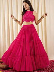 Magenta Embellished Sleeveless Crop Top With Skirts - Inddus.com