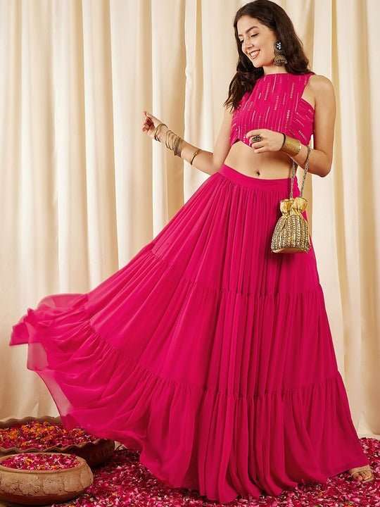 Magenta Embellished Sleeveless Crop Top With Skirts - Inddus.com
