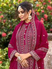 Magenta Embroidered Partywear Straight-Cut-Suit - Inddus.com