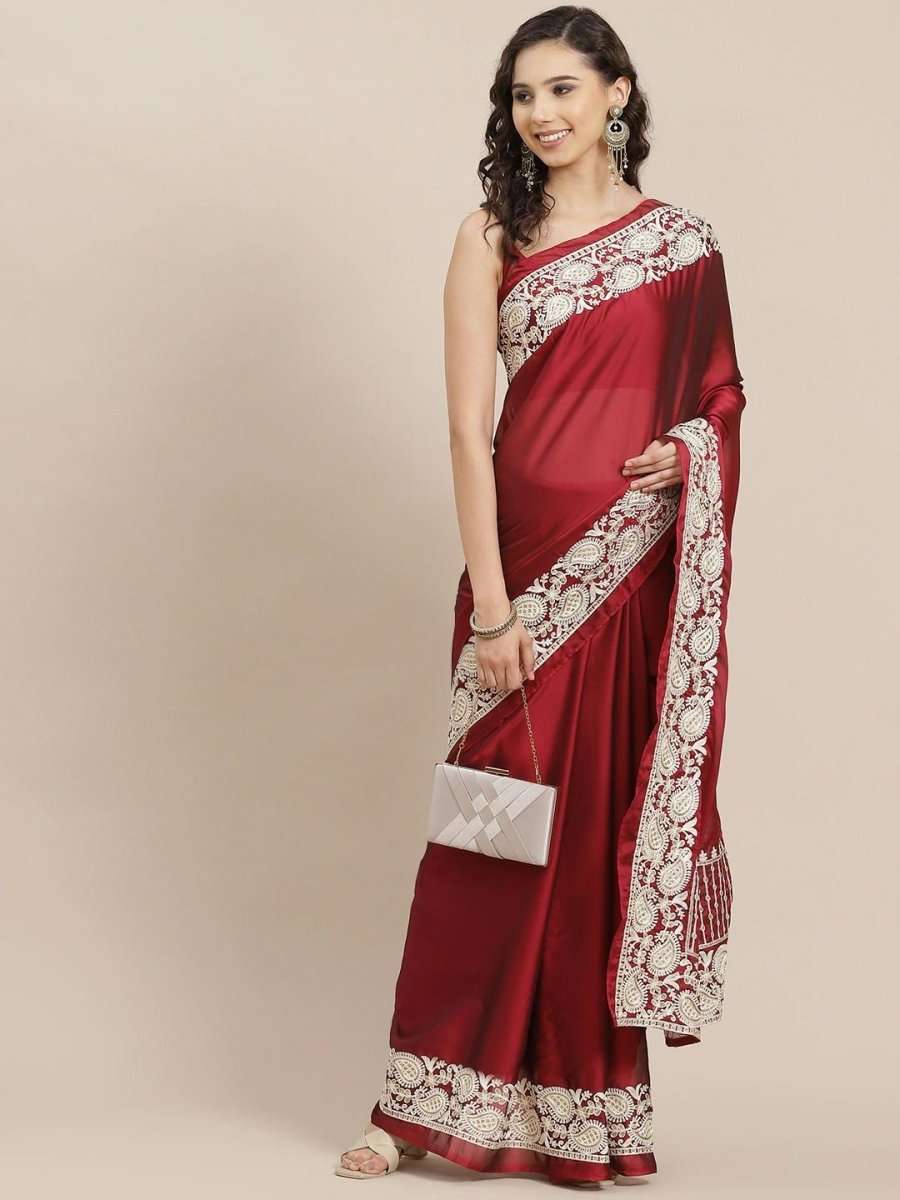 Magenta Embroidered Saree - inddus-us