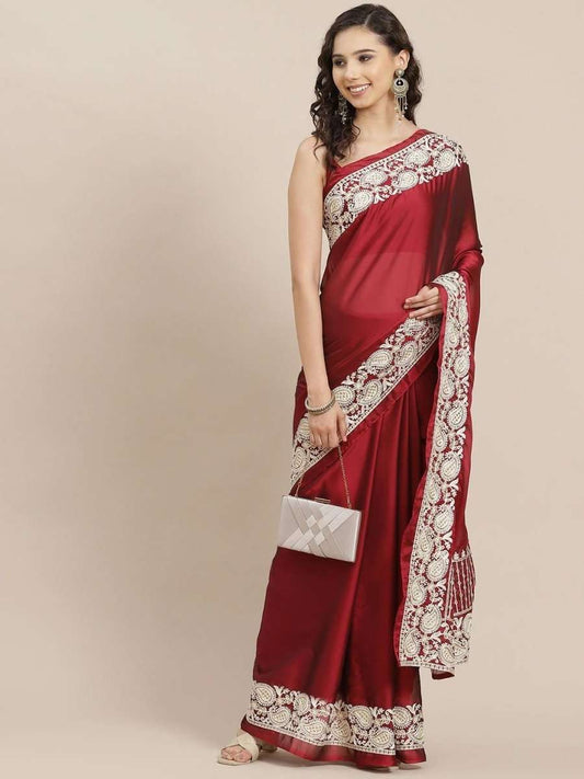 Magenta Embroidered Saree - inddus-us