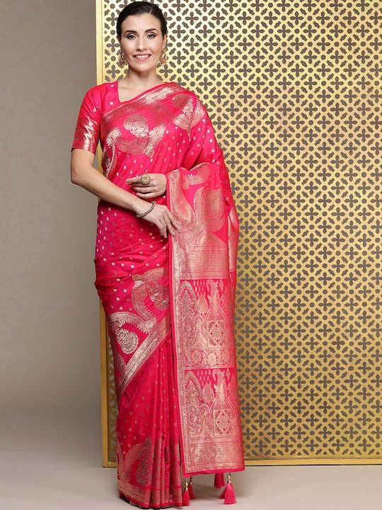 Magenta Ethnic Motifs Zari Silk Blend Banarasi Saree - Inddus.com