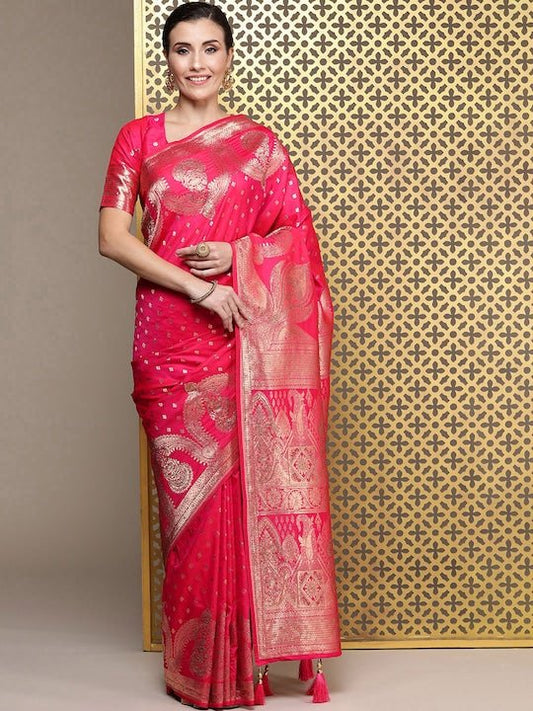 Magenta Ethnic Motifs Zari Silk Blend Banarasi Saree - Inddus.com