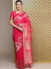 Magenta Ethnic Motifs Zari Silk Blend Banarasi Saree - Inddus.com