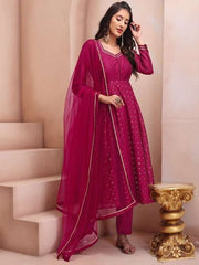 Magenta Floral Embroidered Mukaish Chanderi Cotton Kurta With Trousers & Dupatta - Inddus.com