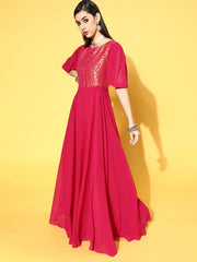Magenta Georgette Partywear Ethnic Motifs Dresses - Inddus.com