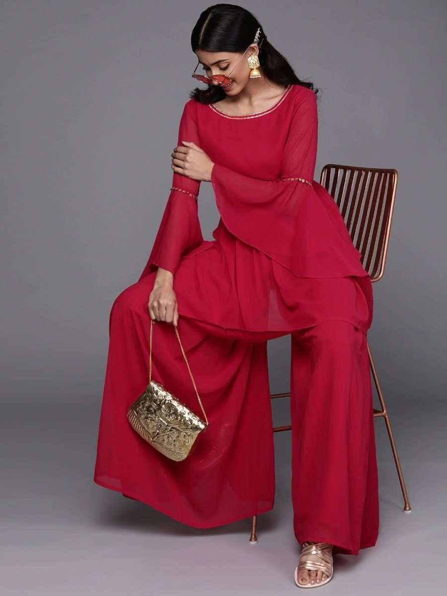Magenta Georgette Solid Palazzo Suit - inddus-us