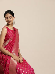 Magenta & Gold-Toned Silk Blend Woven Design Banarasi Saree