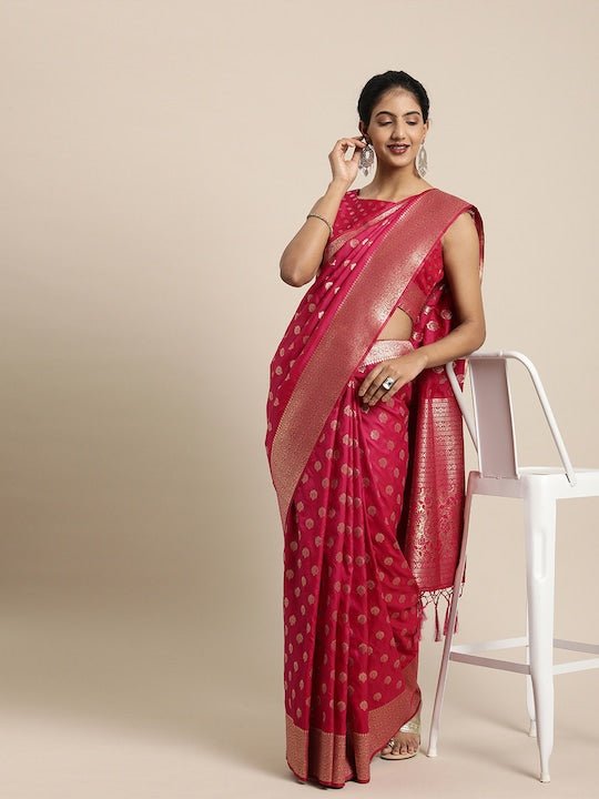 Magenta & Gold-Toned Silk Blend Woven Design Banarasi Saree