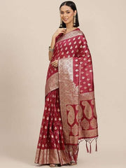 Magenta & Golden Woven Design Silk Blend Banarasi Saree - Inddus.com