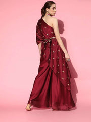 Magenta Maroon Short Kurta with Palazzo and Belt - Inddus.com