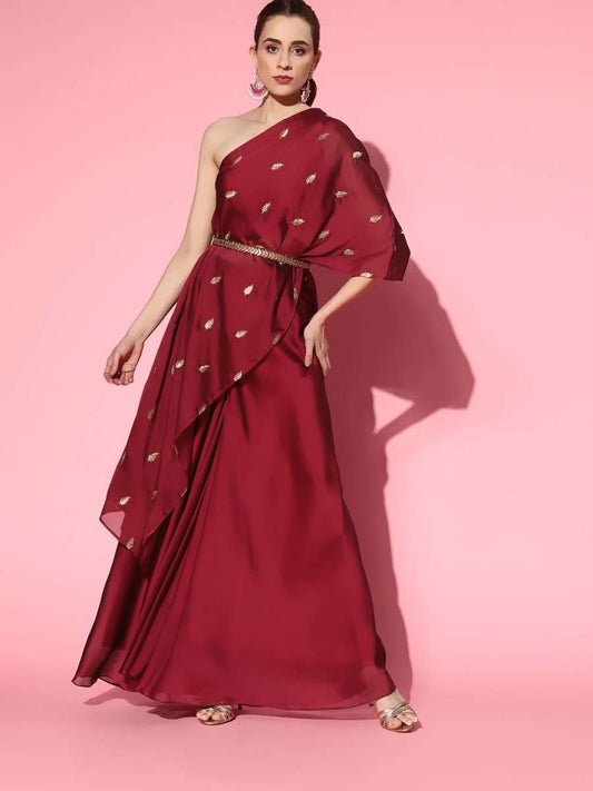Magenta Maroon Short Kurta with Palazzo and Belt - Inddus.com