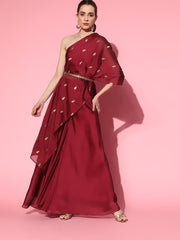 Magenta Maroon Short Kurta with Palazzo and Belt - Inddus.com