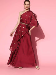 Magenta Maroon Short Kurta with Palazzo and Belt - Inddus.com