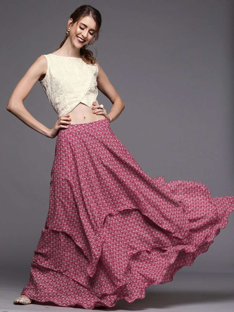 Magenta & Off-White Printed Muslin Silk Ready to Wear Lehenga with Blouse - inddus-us