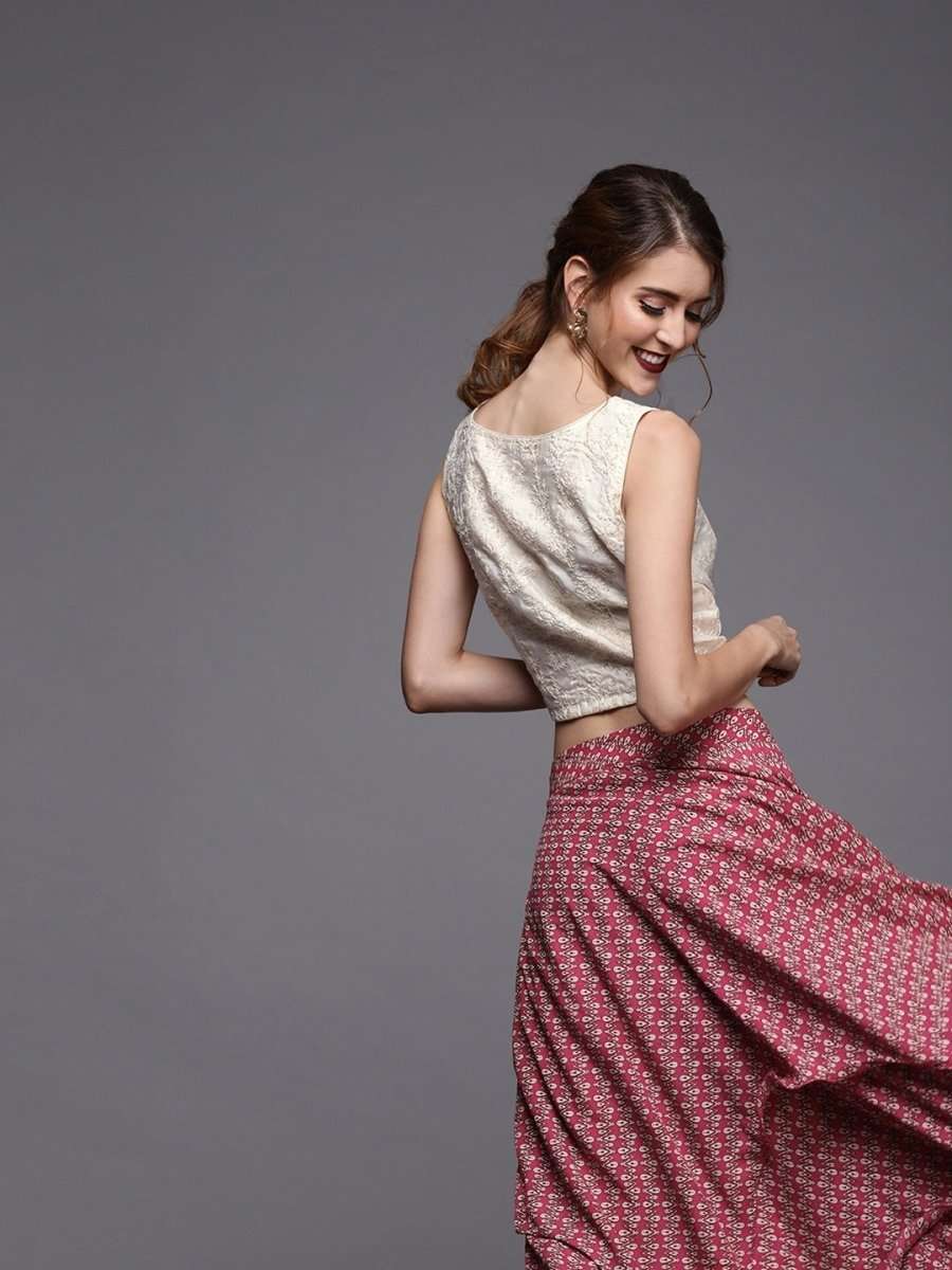 Magenta & Off-White Printed Muslin Silk Ready to Wear Lehenga with Blouse - inddus-us