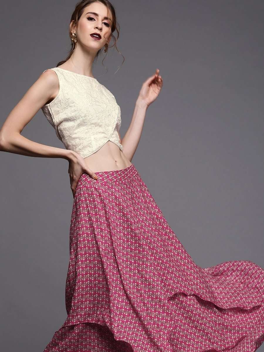 Magenta & Off-White Printed Muslin Silk Ready to Wear Lehenga with Blouse - inddus-us