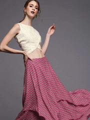 Magenta & Off-White Printed Muslin Silk Ready to Wear Lehenga with Blouse - inddus-us