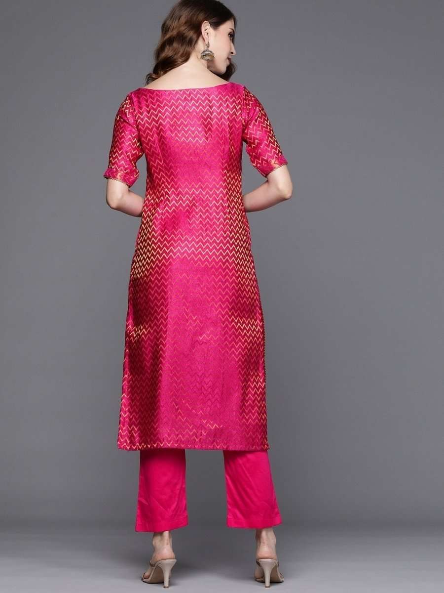 Magenta Pink Chevron Woven Kurta with Pants - Inddus.com