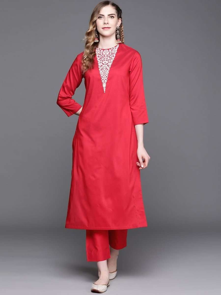 Magenta Pink Embroidered Kurta with Pants - Inddus.com