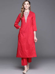 Magenta Pink Embroidered Kurta with Pants - Inddus.com