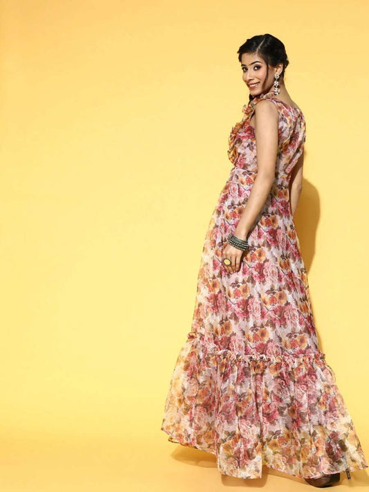 Magenta Pink Floral Print Party Gown - Inddus.com