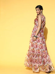 Magenta Pink Floral Print Party Gown - Inddus.com