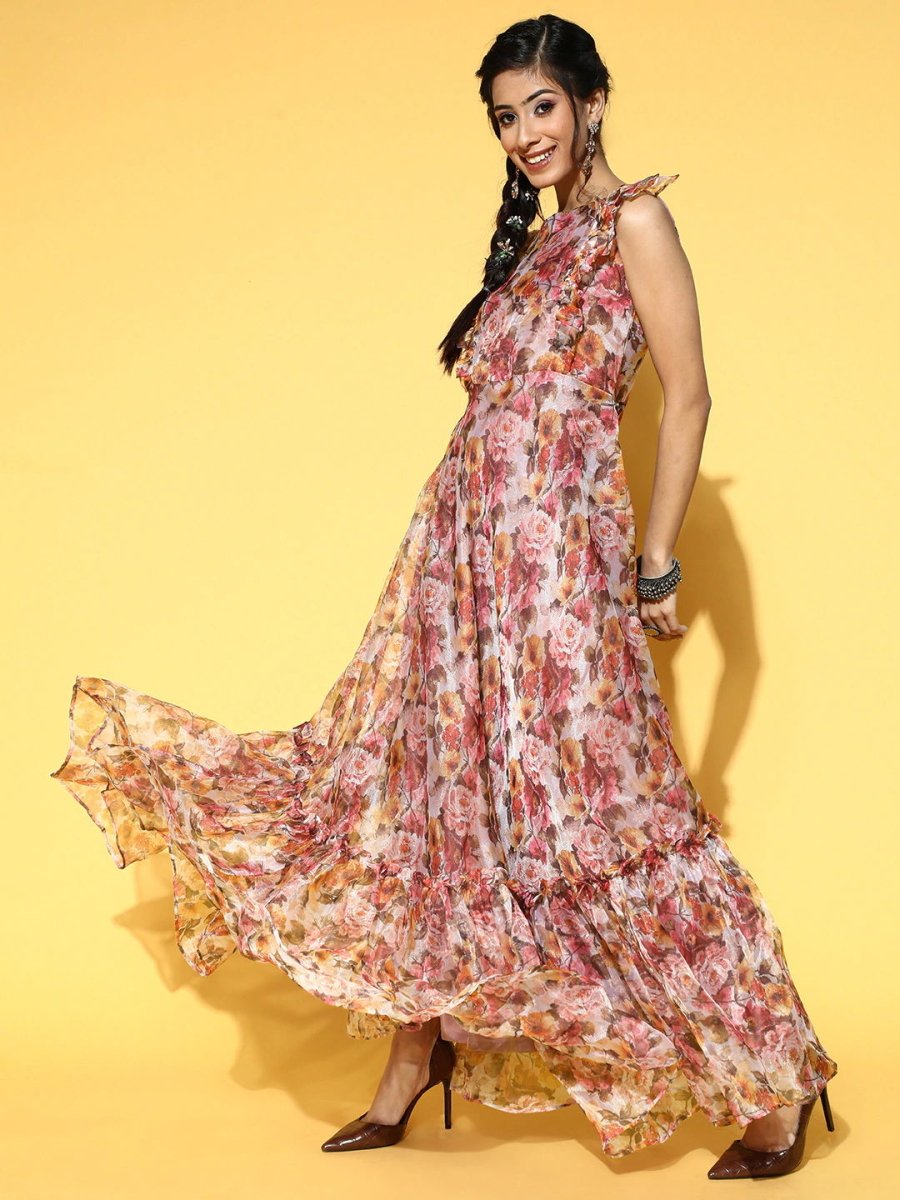 Magenta Pink Floral Print Party Gown - Inddus.com