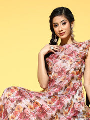 Magenta Pink Floral Print Party Gown - Inddus.com