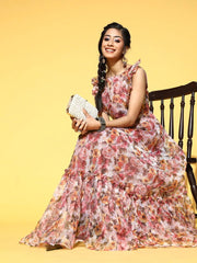Magenta Pink Floral Print Party Gown - Inddus.com