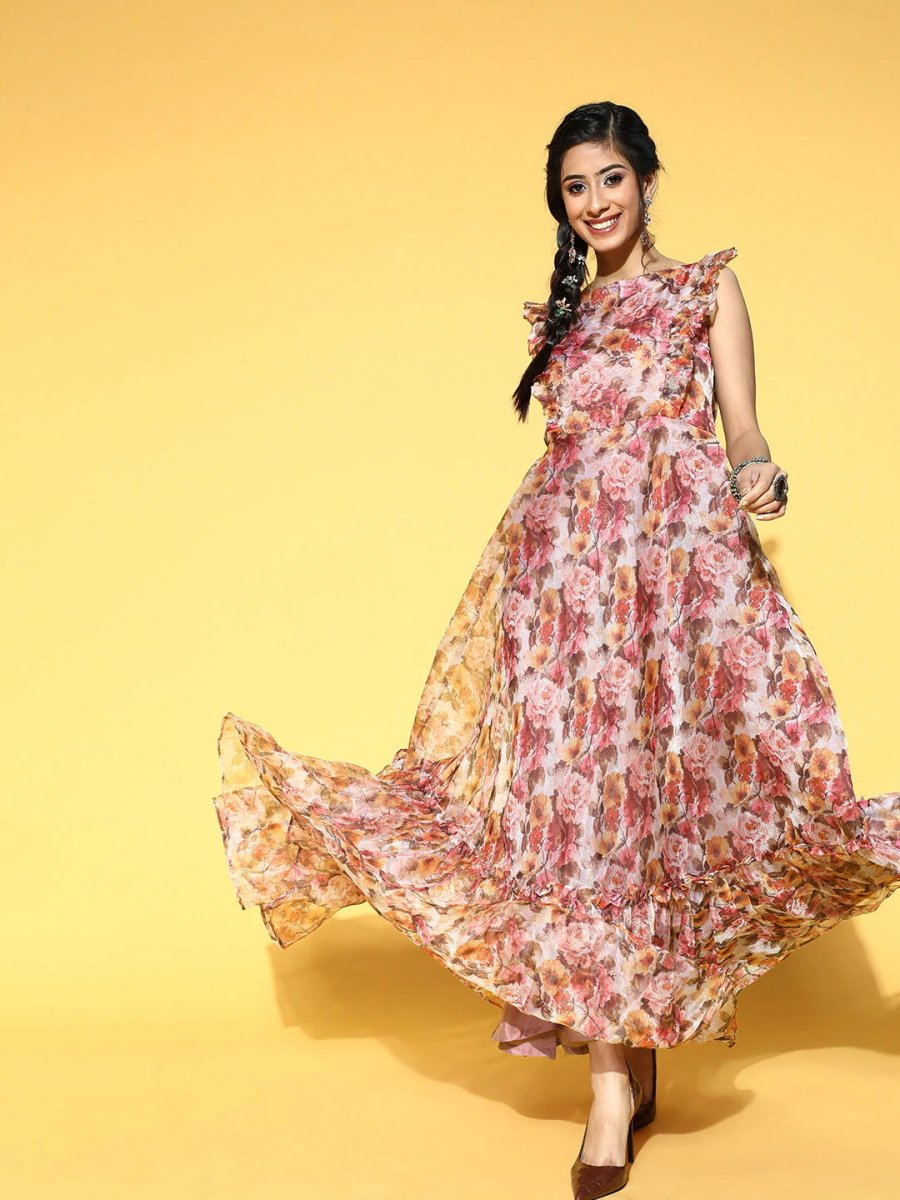 Magenta Pink Floral Print Party Gown - Inddus.com