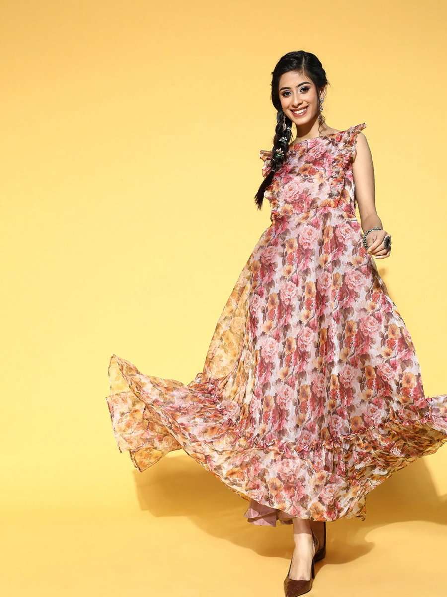 Magenta Pink Floral Print Party Gown - Inddus.com