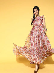 Magenta Pink Floral Print Party Gown - Inddus.com