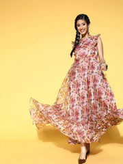 Magenta Pink Floral Print Party Gown - Inddus.com