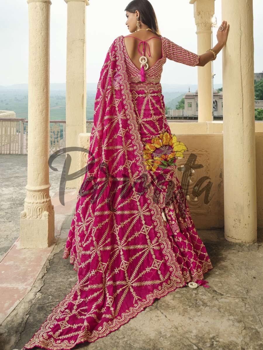Magenta Pink Hand Embroidered Lehenga Choli Set - Inddus.com