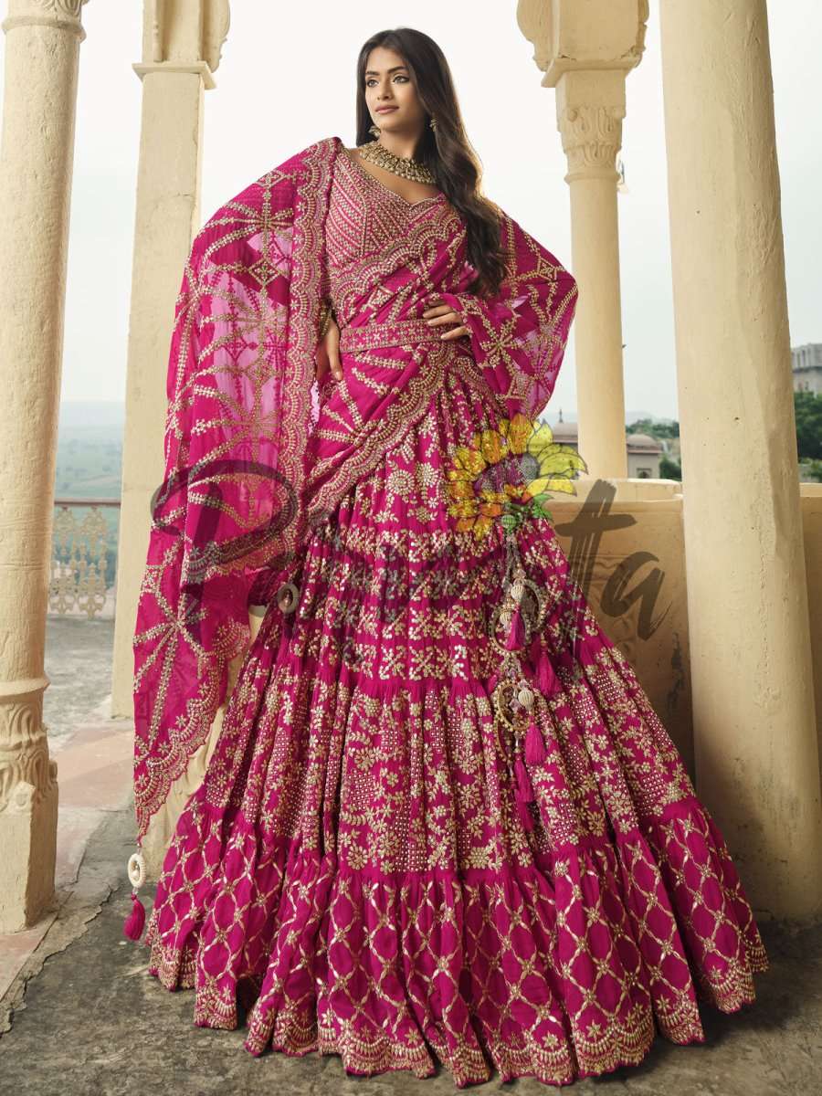 Magenta Pink Hand Embroidered Lehenga Choli Set - Inddus.com