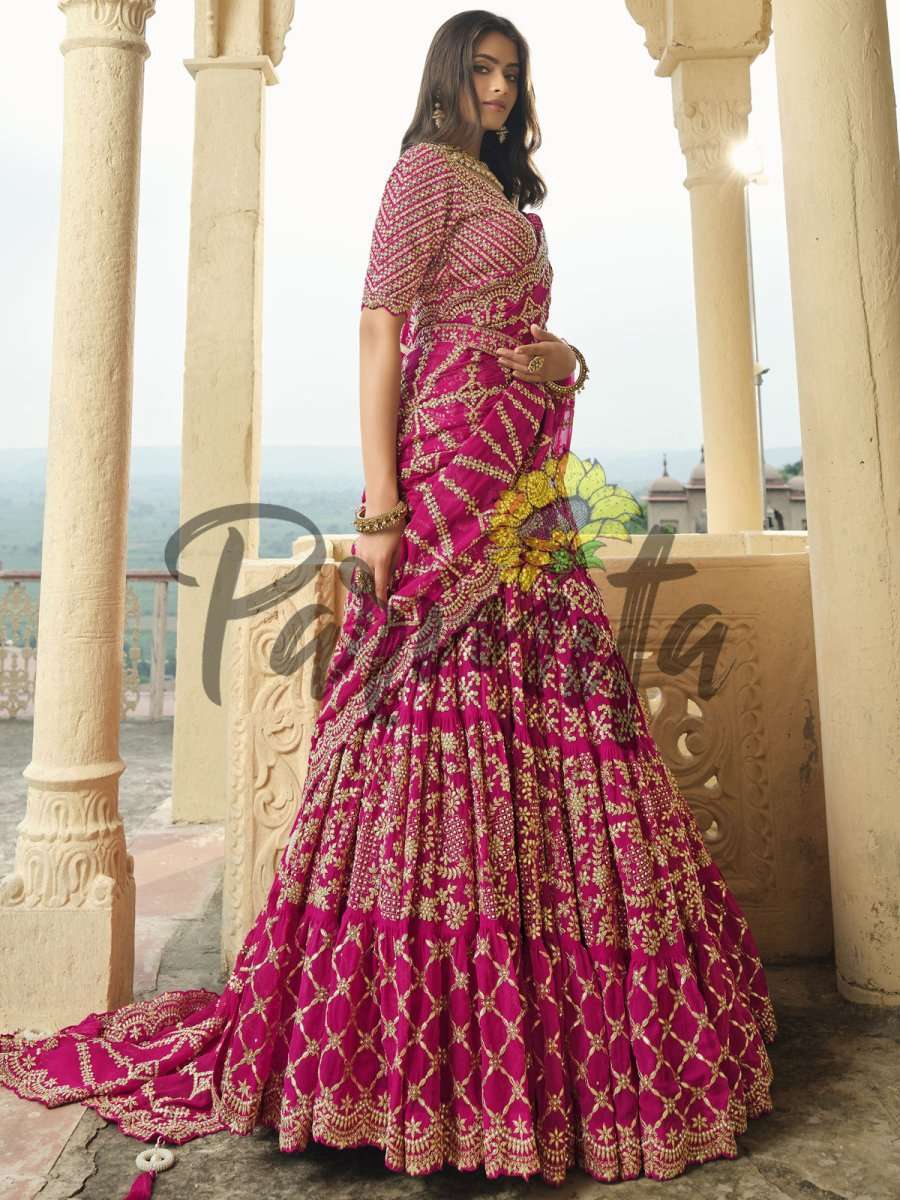 Magenta Pink Hand Embroidered Lehenga Choli Set - Inddus.com