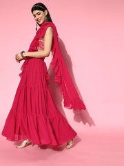 Magenta Pink Lehenga Saree with Ruffle Pattern - Inddus.com