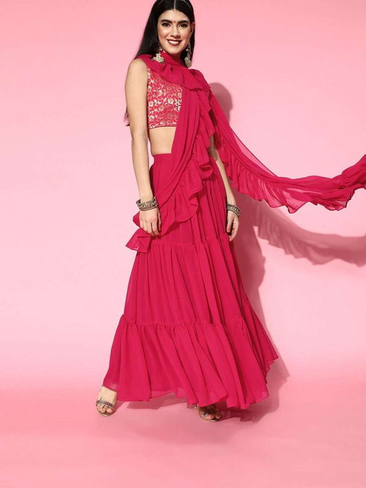 Magenta Pink Lehenga Saree with Ruffle Pattern - Inddus.com