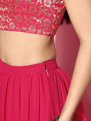 Magenta Pink Lehenga Saree with Ruffle Pattern - Inddus.com