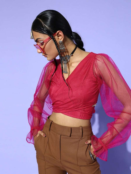 Magenta Pink Polyester Solid Crop Top - Inddus.com